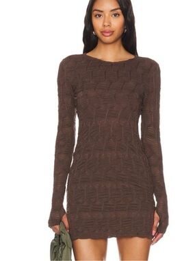 Free People Paulie Textured Open Back Mini Dress Brown M Bodycon Long Sleeve